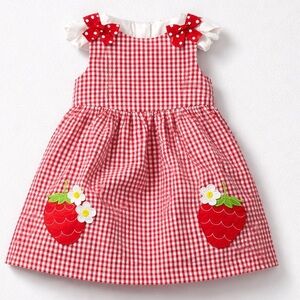 Counting Daisies Red & White gingham seersucker strawberry appliqué dress size 2